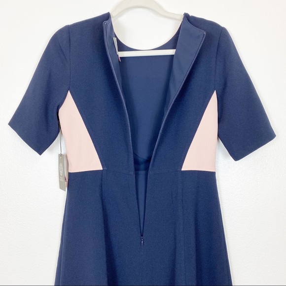 Vince Camuto Crepe Elbow Sleeve Color Block Navy and Pink Dress - Picture 9 of 12